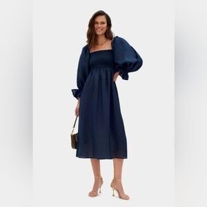 Sleeper Navy Smocked Square-Neck Puff-Sleeve Midi Dress